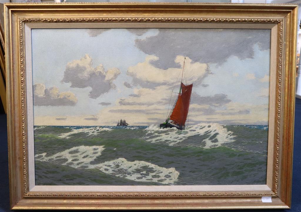 § Charles Pears (1873-1958) Sail barge and clipper at sea 20 x 30in.